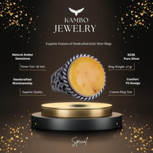 Gerçek Doğal Kehribar Taşı Yüzüğü - 925 Ayar Gümüş Erkek Yüzüğü - Görsel 2