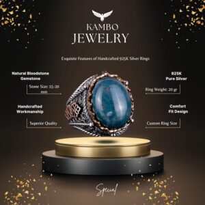 925 Ayar Saf Gümüş Yüzük, Erkekler İçin Gerçek Doğal Taş Yüzük (Yeşil Kan Taşı) - Görsel 6