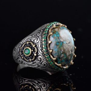 Erkekler için El Yapımı Doğal Arizona Turkuaz Taş Yüzük, 925 Ayar Gümüş Yüzük, Sultan Yüzük (Model-12) - Görsel 5