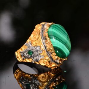 Doğal Malakit Taşı, 925 Ayar Gümüş Büyük Yüzük, Malakit Yüzük, Altın Kaplama - Görsel 4