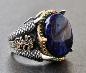 Doğal Cabochon Safir Taşlı Erkek Yüzüğü, 925 Ayar Gümüş Kartal Pençesi Tasarımı - Görsel 4