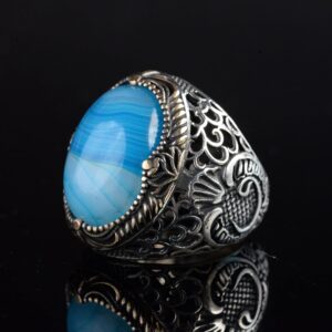 Erkekler için Doğal Mavi Akik Taşı Yüzük, 925 Ayar Gümüş El Yapımı Osmanlı Tarzı, Şifa Kristali Takı - Görsel 4