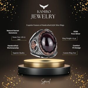 925 Ayar Gümüş Yüzük, Gerçek Doğal Garnet Taşlı Yüzük, Osmanlı Tuğra Yüzüğü - Görsel 2