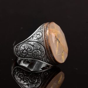 Gerçek Doğal Rutile Kuvars Taşlı Erkek Yüzük, 925 Ayar Gümüş Yüzük - Görsel 4