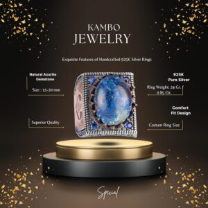 Gerçek Doğal Taş Yüzük - 925 Ayar Gümüş İslami Yüzük - El Yapımı Hat Yazılı Yüzük (Azurit) - Görsel 2