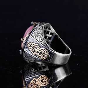 925 Ayar Gümüş Yüzük, Pembe Kedi Gözü Oluşturulmuş Taş Yüzük, Tasarım Gümüş Erkek Yüzüğü - Görsel 7