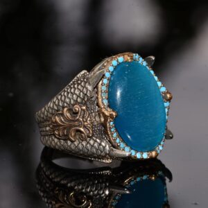 El Yapımı Şahin Pençesi Tasarım Yüzük, Oluşturulmuş Mavi Kedi Gözü Taşı - 925 Ayar Gümüş Erkek Takısı - Görsel 4