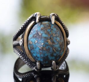 Doğal Arizona Turkuaz Taşlı Pençe Yüzüğü - Gümüş Erkek Yüzüğü - Görsel 6