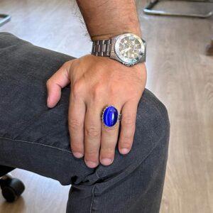 925 Ayar Gümüş Yüzük - Büyük Yüzük - Yapay Taşlı Gümüş Yüzük - El Yapımı Yüzük (Yapay Mavi Kedi Gözü) - Görsel 3