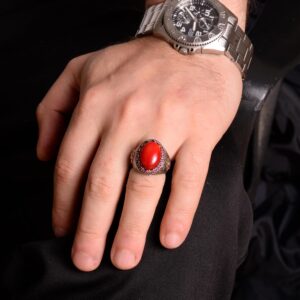 Gerçek Doğal Koral Taş Yüzük, 925 Ayar Gümüş Yüzük, Oval Kırmızı Koral Yüzük - Görsel 3