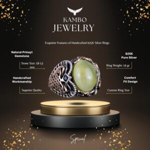 925 Ayar Katı Gümüş Erkek Yüzük Doğal Prehnit Taşı ile, El Yapımı Şıklık - Görsel 2