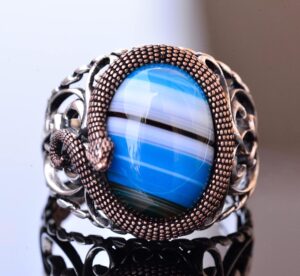 925 Ayar Katı Gümüş Erkek Yüzük, Doğal Taşlarla - El Yapımı Zarafet (Mavi Akik Taşı) - Görsel 2