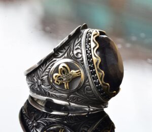 El Yapımı 925 Ayar Gümüş Erkek Yüzük, Gerçek Mavi Safir Taşı - Karmaşık Osmanlı İşlemeli Tasarım, Ortadoğu Etkili Yüzük - Görsel 4