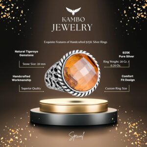 Gerçek Doğal Taş Yüzük - 925 Ayar Katı Gümüş Erkek Yüzüğü, Kaplan Gözü - Görsel 2