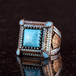 925 Ayar Gümüş Turkuaz Taşlı Erkek Yüzük - Vintage Tarzı, El Yapımı Takı - Görsel 4