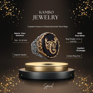 Doğal Obsidan Taş Yüzük - 925 Ayar Gümüş Yüzük - Damga Yüzük (Akrep) - Görsel 2