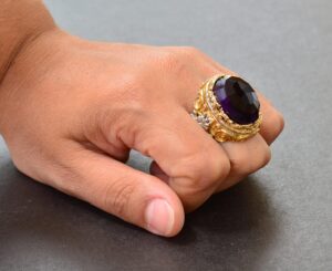 Yapay Ametist Taşlı Gümüş Büyük Şovalye Yüzüğü, Altın Kaplama - Görsel 7