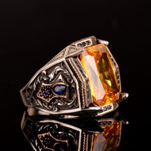 925 Ayar Gümüş Erkek Yüzük, Oval Taş Yüzük, Oluşturulmuş Sitrin Yüzük - Görsel 4