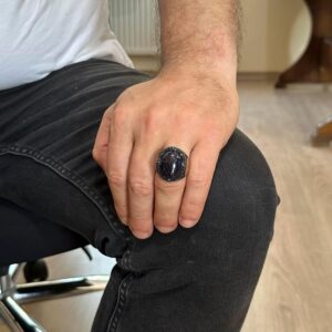 David Yıldızı Yüzük, Yapay Taş Yüzük, 925 Ayar Gümüş Süleyman Yüzüğü (Mavi Güneş Taşı Yapay Taş) - Görsel 3