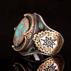 925 Doğal Arizona Turkuaz Taş Yüzük, Oval Sterlin Gümüş Yüzük Erkekler için (Stil-3) - Görsel 5