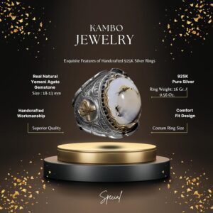 Gerçek Doğal Yemen Akik Taşı Yüzük, %925 Gümüş Osmanlı Yüzük, Etnik Tasarım Erkek Yüzük - Görsel 2