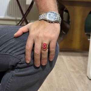 925 Ayar Gümüş Altın Kaplama Erkek Yüzük - Hilal ve Yıldız Tasarımı (Kırmızı) - Görsel 3