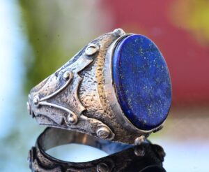 Erkek Doğal Lapis Lazuli Yüzük, 925 Ayar Gümüş, Ortaçağ Tasarımı ile El Yapımı - Görsel 4