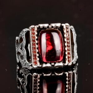 Gerçek Doğal Granat Taşı Yüzük, El Yapımı Yüzük, Minimalist Takı, 925 Ayar Gümüş Erkek Yüzüğü - Görsel 6