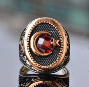 Hilal Yıldız Yüzük, Ay ve Yıldız Yüzüğü, Kırmızı Taşlı Erkek Gümüş Yüzük, 925 Ayar Gümüş Yüzük - Görsel 6