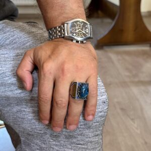 Gerçek Doğal Taş Yüzük - 925 Ayar Gümüş İslami Yüzük - El Yapımı Hat Yazılı Yüzük (Azurit) - Görsel 3