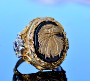 El Yapımı Oniks Yüzük - 925 Ayar Katı Sterlin Gümüş Erkek Altın Kaplama Yüzük (Kartal) - Görsel 3