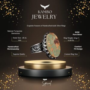 Gerçek Doğal Arizona Turkuaz Taş Yüzük, Büyük Taş Yüzük, 925 Ayar Gümüş Yüzük Erkekler İçin - Görsel 2