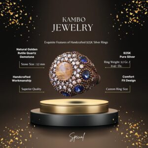 Gerçek Doğal Altın Rutile Kuvars Taşı Gümüş Yüzük - Görsel 2