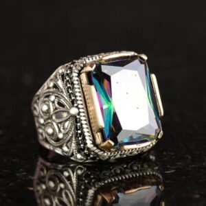 925 Ayar Gümüş Yüzük, Doğal Olmayan Mystic Topaz Taşlı Gümüş Yüzük, Mystic Topaz Gümüş Erkek Yüzük (Özelleştirilebilir) - Görsel 5