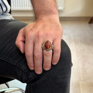 Doğal Kırmızı Akik Taş Yüzük, Aslan Başı Erkek Yüzüğü - 925 Ayar Gümüş Yüzük Erkekler İçin - Görsel 3