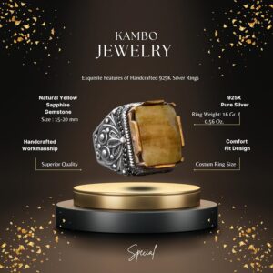 Sarı Safir Yüzük, Gümüş Sarı Safir Yüzük, 925 Ayar Gümüş Erkek Yüzük, Büyük Yüzük - Görsel 2