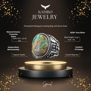 925 Ayar Gümüş Erkek Yüzük - Doğal Arizona Turkuaz Taşı - Vintage Tasarım El Yapımı Takı (Model-3) - Görsel 2