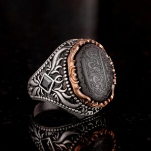 Gerçek Doğal Hematit Taşı Yüzük, İslami Yüzük, 925 Ayar Gümüş Yüzük Erkekler İçin - Görsel 4