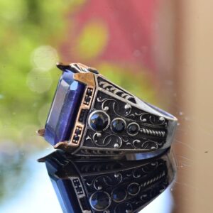 Gerçek Doğal Safir Taş Yüzük, El Yapımı Doğal Taş Takı, 925 Ayar Gümüş Yüzük erkekler için - Görsel 4