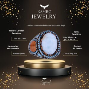 Gerçek Doğal Taş Yüzük - El Yapımı Yüzük - İşlenmiş 925 Ayar Gümüş Yüzük (Larimar) - Görsel 2