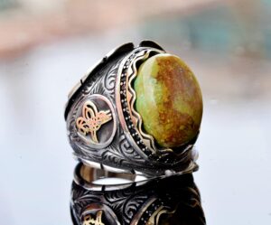 El Yapımı 925 Ayar Gümüş Erkek Yüzük, Gerçek Arizona Turkuaz Taşı - Karmaşık Osmanlı İşlemeli Tasarım - Özgün Gümüş Yüzük - Görsel 3