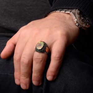 Gerçek Doğal Arizona Turkuaz Taş Yüzük, Minimalist Yüzük, 925 Ayar Gümüş Erkek Yüzüğü (Stil-6) - Görsel 7