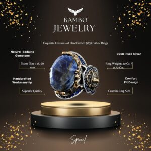 Gerçek Doğal Sodalit Taş Yüzük, Hayvan Yüzüğü, Aslan Yüzüğü, 925 Ayar Gümüş Büyük Yüzük - Görsel 2