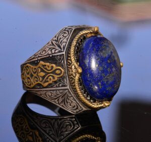 El Yapımı Vintage Tasarım Zümrüt Yüzük - 925 Ayar Gümüş Erkek Yüzük Altın Aksamlarıyla (Lapis Lazuli) - Görsel 4