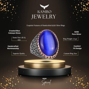 925 Ayar Gümüş Erkek Yüzük, Büyük Yüzük (Koyu Mavi Kedi Göz Oluşturulmuş Taş) - Görsel 3