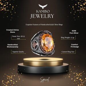 Osmanlı Tuğra Gümüş Yüzük, Turuncu Sitrin Yapay Taş Yüzük, 925 Ayar Gümüş Yapay Taş Yüzükler - Çeşitli Koleksiyon - Görsel 2