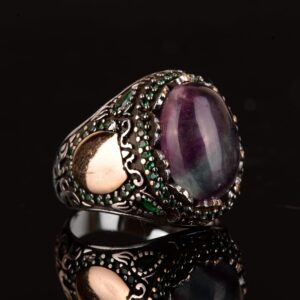 Gerçek Doğal Florit Taşlı Yüzük, Minimalist Yüzük, El Yapımı Yüzük, 925 Ayar Gümüş Yüzük Erkekler İçin - Görsel 6