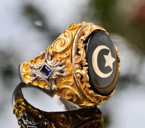 Erkekler için Altın Kaplama Gümüş Yüzük - Yüzük (Yıldız ve Hilal) - Görsel 4