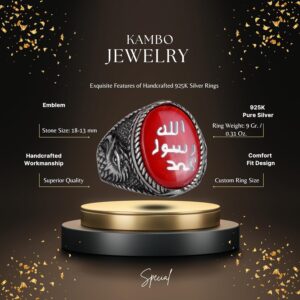 İslami Erkek Yüzük - Kartal Sembolü Yüzük - 925 Ayar Gümüş El Yapımı Erkek Yüzük (Kırmızı) - Görsel 2