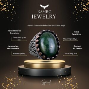 925 Ayar Katı Gümüş Erkek Yüzük Doğal Taşlarla - El Yapımı Şıklık (Cabochon Zümrüt Taşı) - Görsel 6